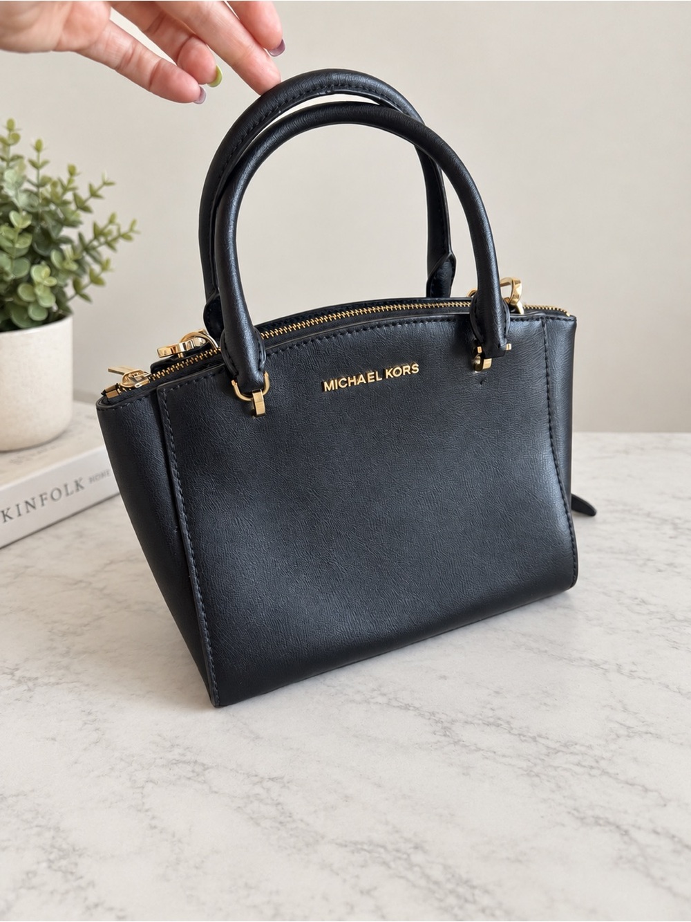 Michael Kors Black Leather Handbag with Gold Hardware